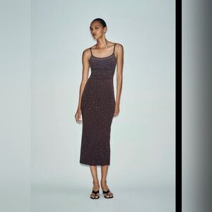 Zara Black Spaghetti-Strap Midi Dress with Stud Detail